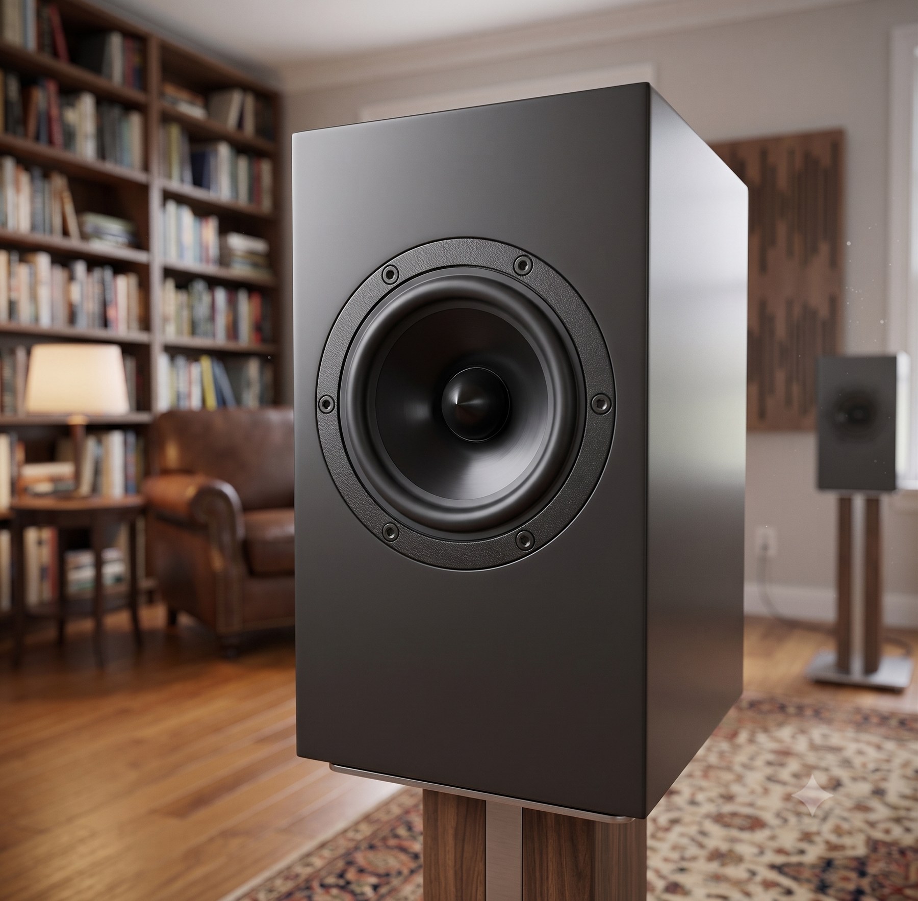 4-inch full-range speaker on a stand in a living room