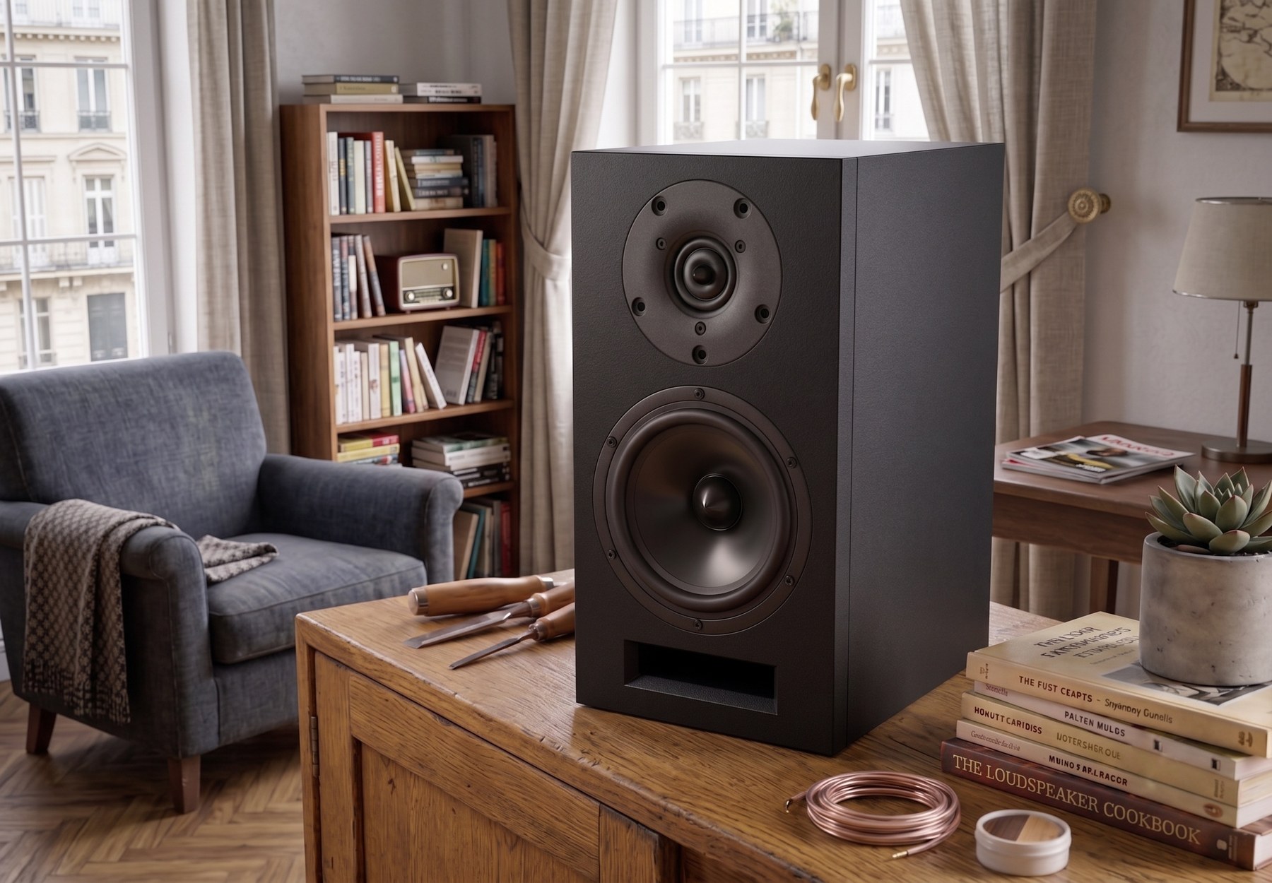 6" 2-Way DIY Bookshelf Speaker in black, on a living room table
