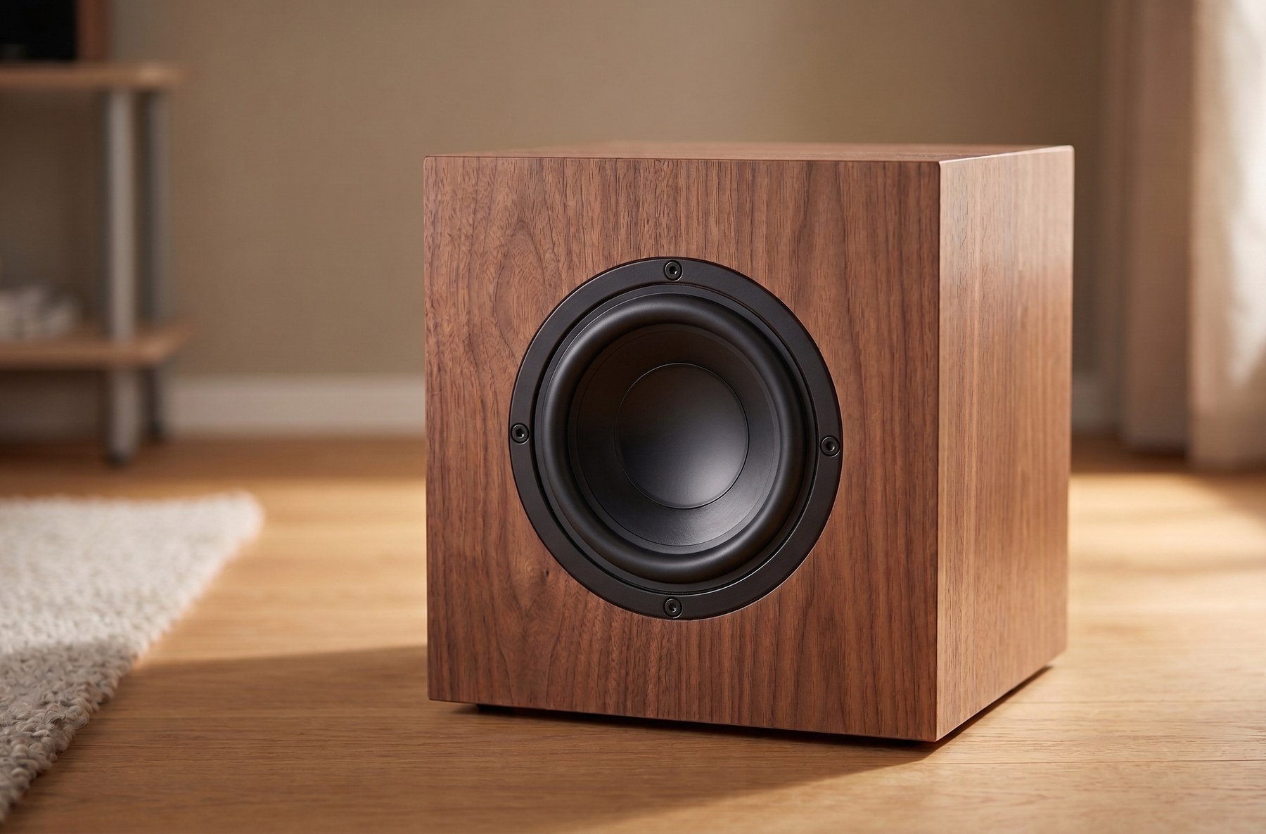 Hi-Fi Compact Subwoofer in a walnut finish, on a living room floor